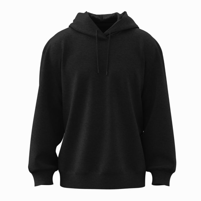 Sweat à capuche noir, unisexe, coupe décontractée, adapté pour produit présenté sur une page web.