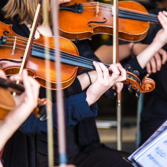 Violonistes en concert, jouant intensément lors d'une performance live de Symphony Sounds.