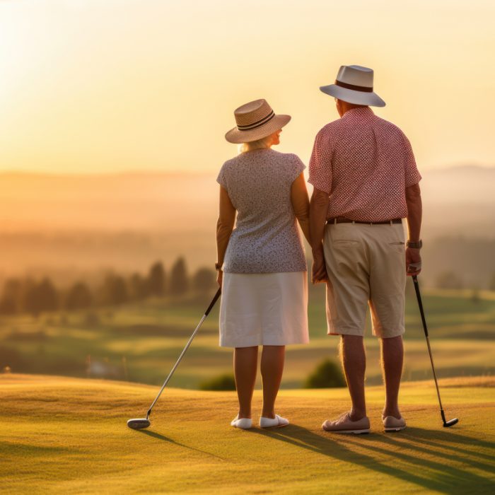 Un couple âgé regardant un coucher de soleil sur un parcours de golf, équipés pour jouer.